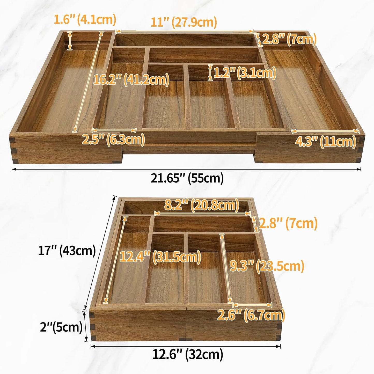 Luxury Acacia Kitchen Drawer Organizer - Silverware Organizer
