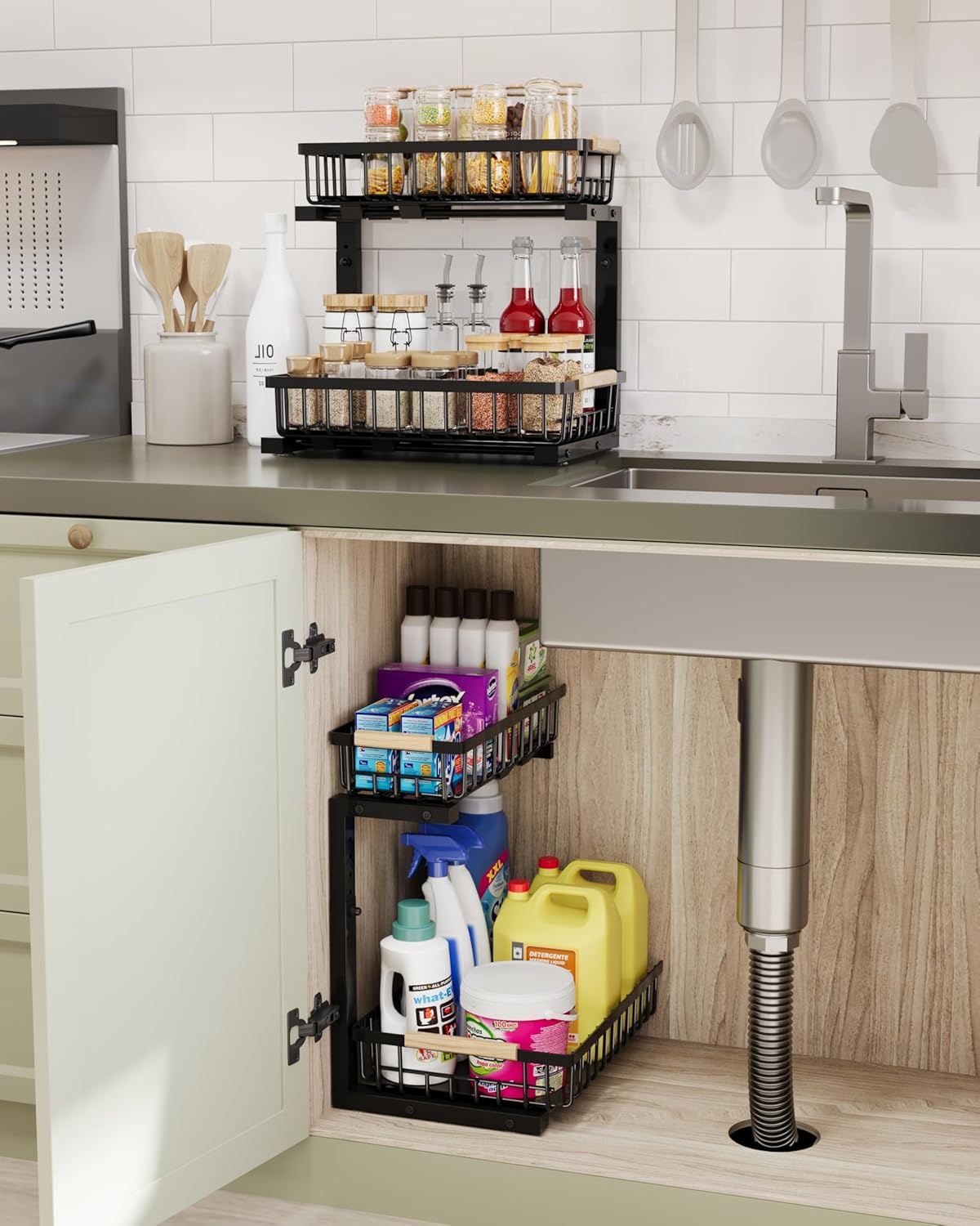 Under Sink Organizer Storage for Families: Pull Out Storage Undersink Organizers Drawer Cabinet