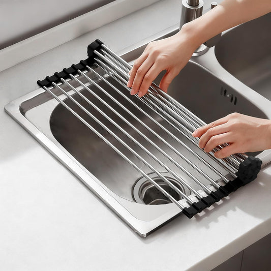 Dish Drying Rack with Roll Up and Over Sink for Kitchen,17.5"x11.8",Black