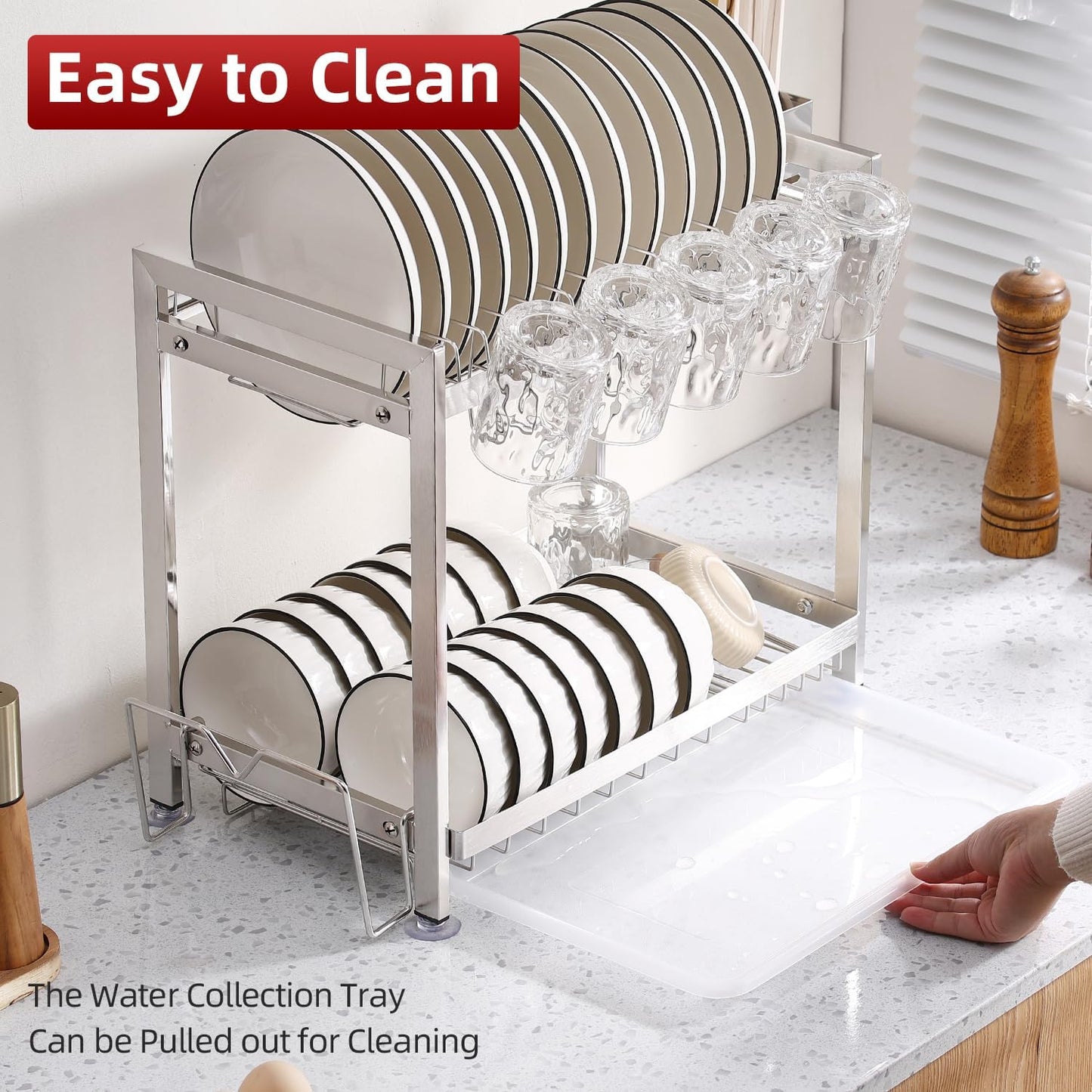 Dish Drying Rack, Double Layered countertop Kitchen Organizer with Drainage Large Bowl Rack and Storage Rack with Drainage Board (Silver Upgraded Version)