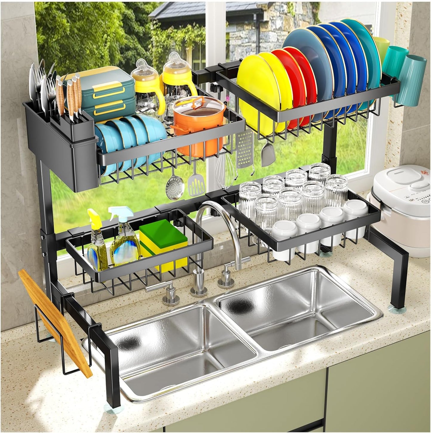 4 Baskets Over The Sink Dish Drying Rack, Extendable Large Capacity Sink Rack