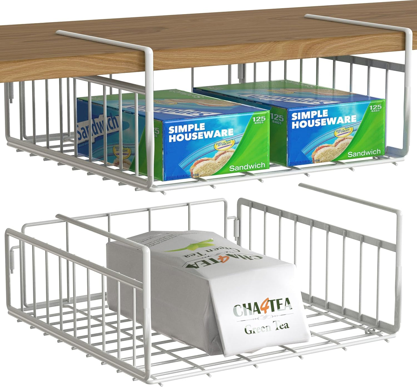 Under Shelf Basket, White – 2-Pack Space-Saving Storage Organizer for Kitchen, Pantry, Closet