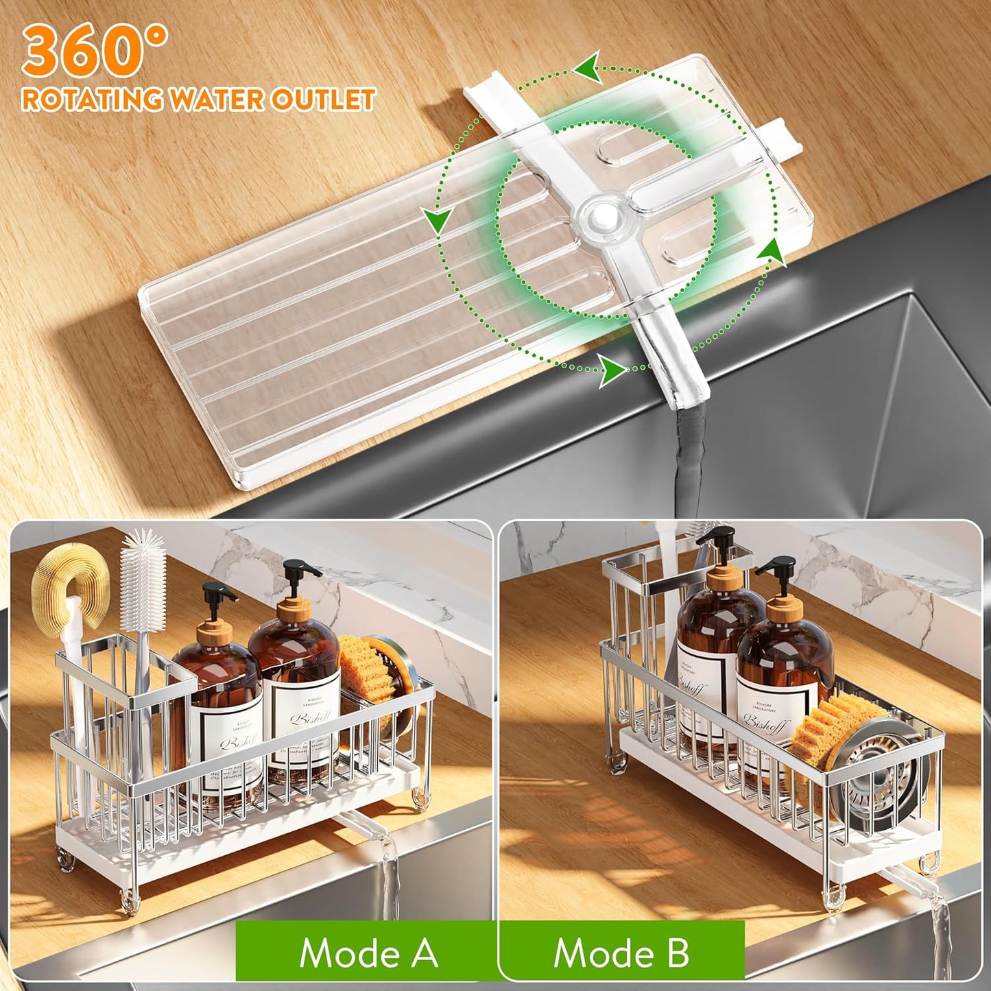 Sponge Holder for Kitchen Sink, Sink Caddy Organizer with High Brush Holder
