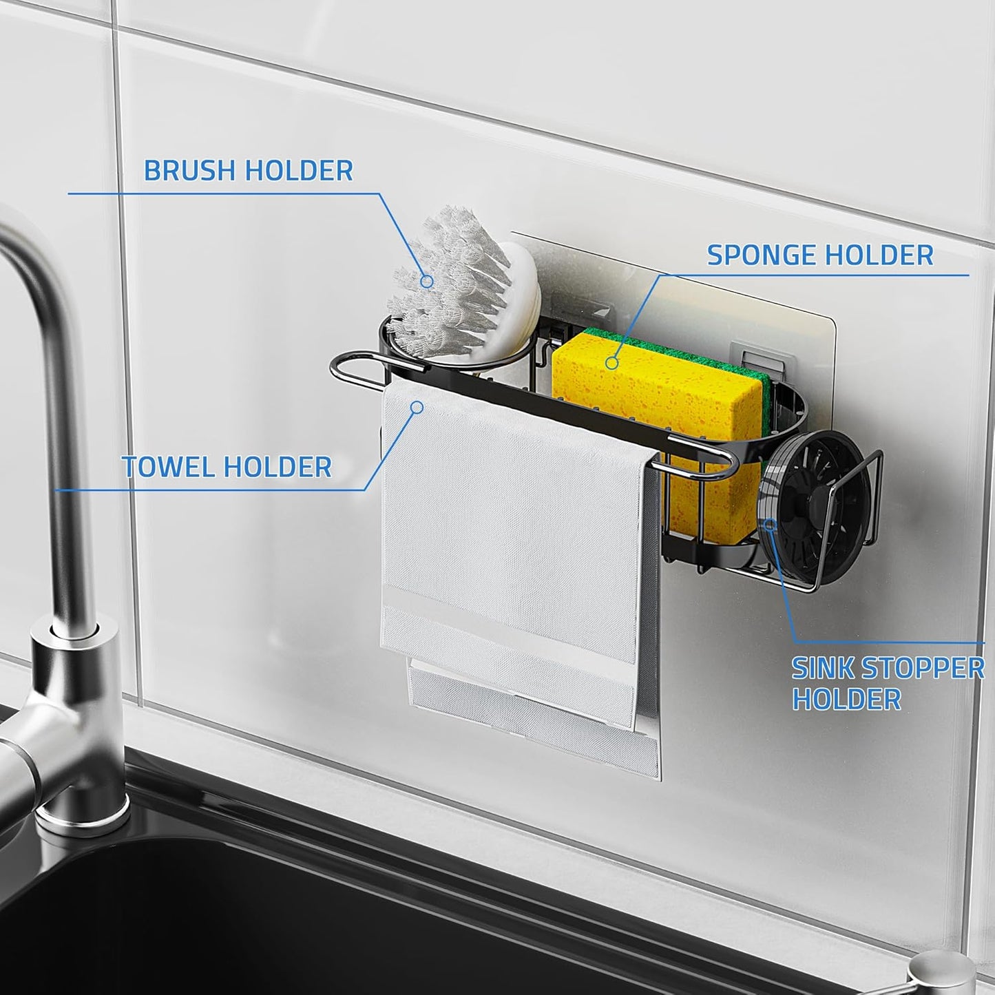 Kitchen Sink Caddy Sponge Holder in The Sink, Stainless Steel Kitchen Sink Organizer, Brush Holder