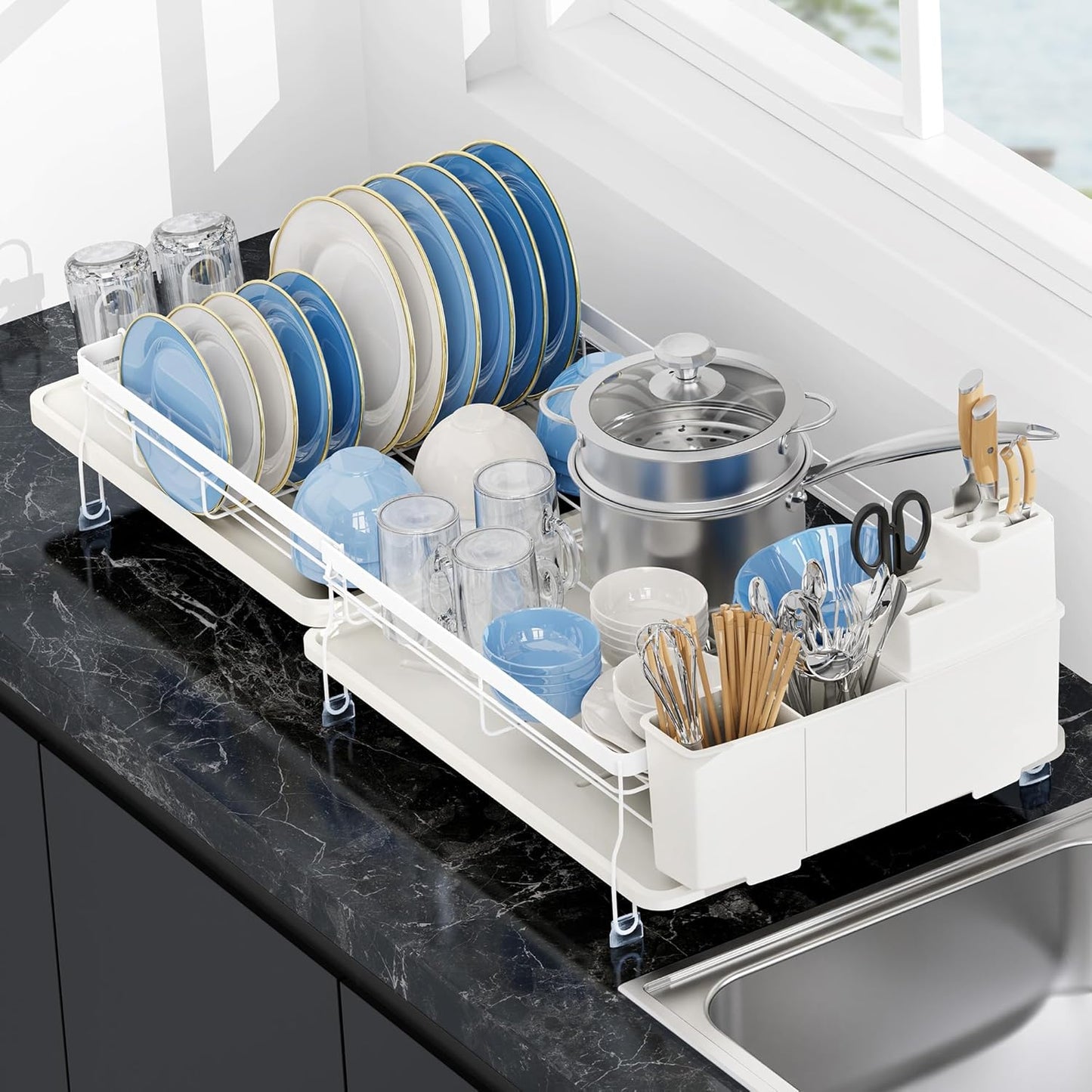 Expandable Dish Drying Rack,Multifunctional Adjustable Dish Drainer with Swivel Spout and Anti-Rust Dish Rack with Removable Cutlery & Cup Holders for Kitchen Counter,White