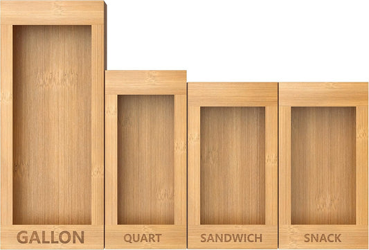 4-Size Bamboo Drawer Organizer for Food Storage Bags | Stackable Kitchen Organizer (Gallon/Quart/Sandwich/Snack) - Handcrafted with Natural Material