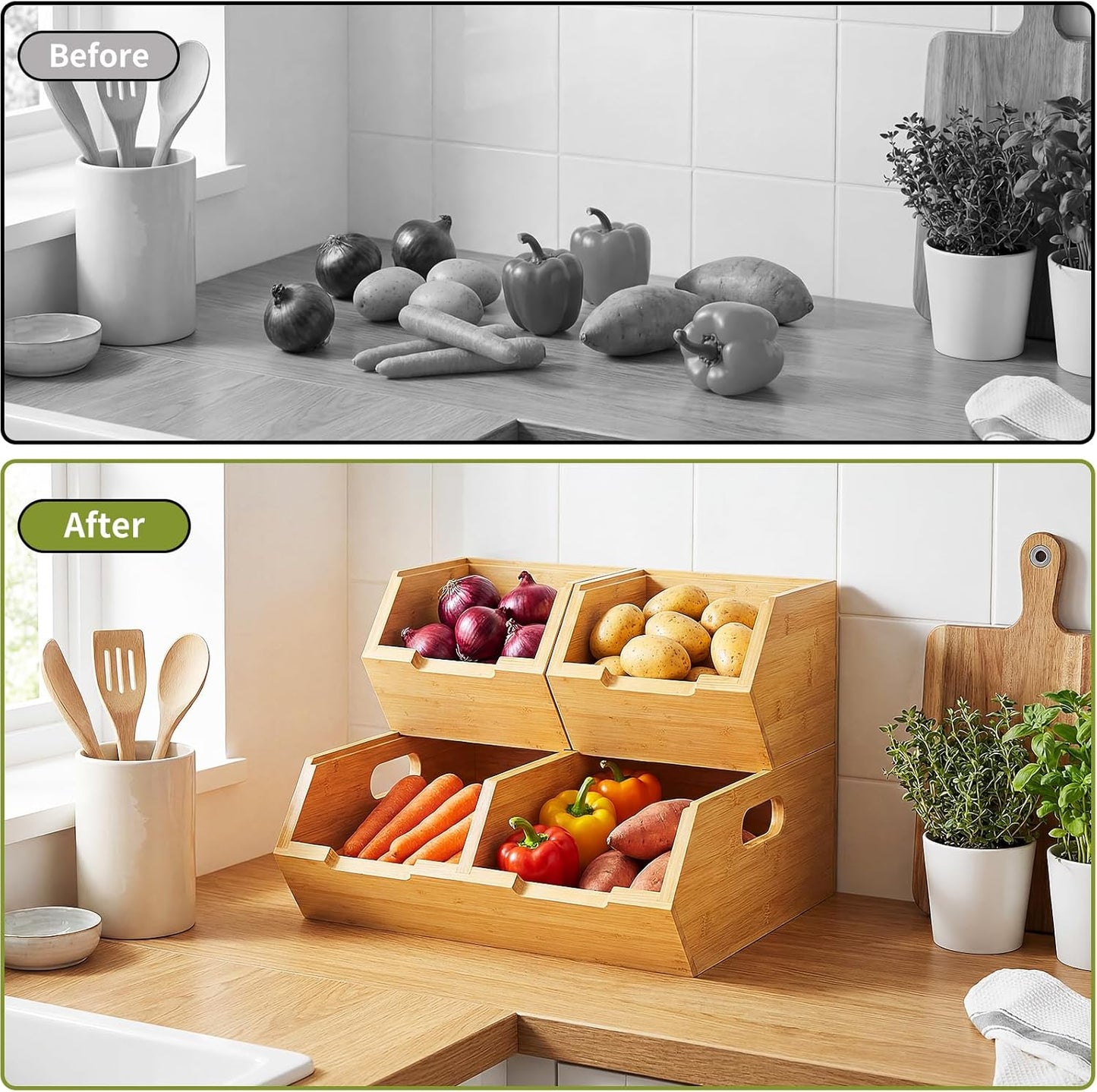 Bamboo Pantry Storage Bins for Vegetables, Potato and Onion Storage Bin with Handles