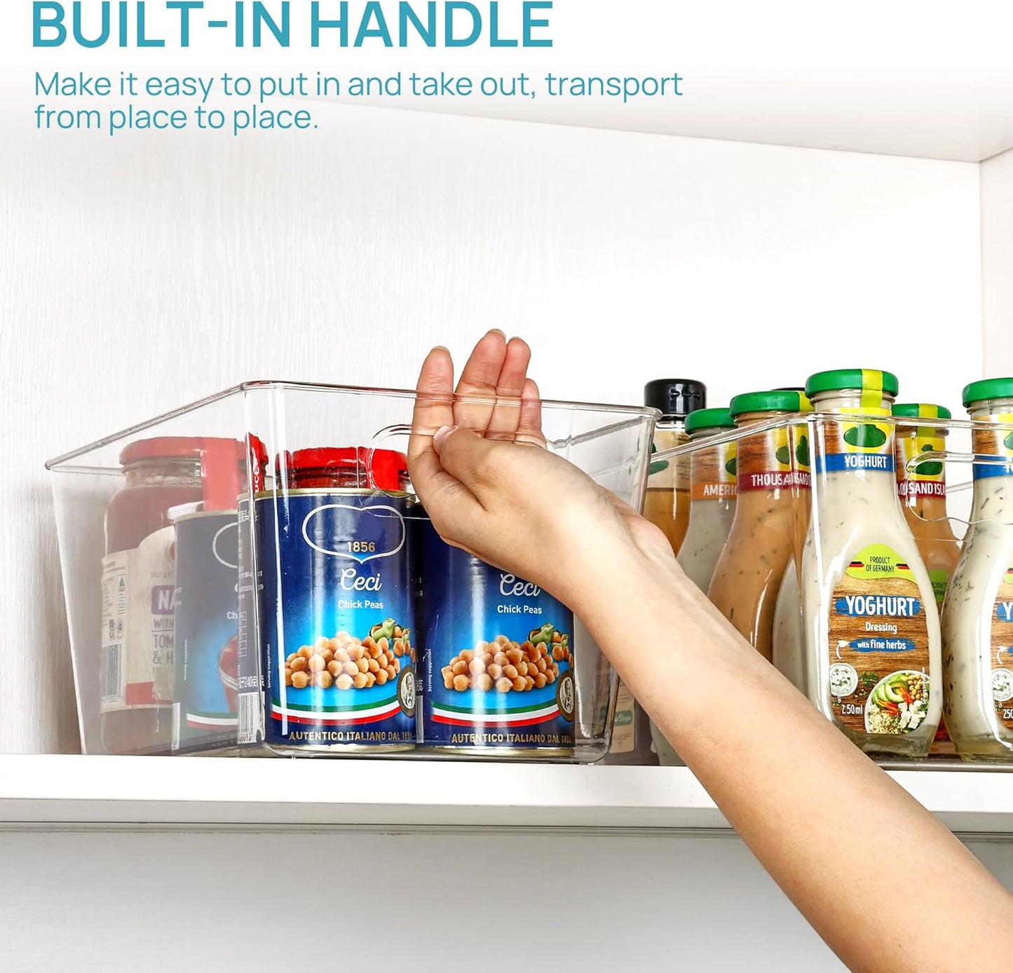 Clear Plastic Storage Bins, 6 PCS Pantry Organizer Bins with Handle for Refrigerator, Fridge