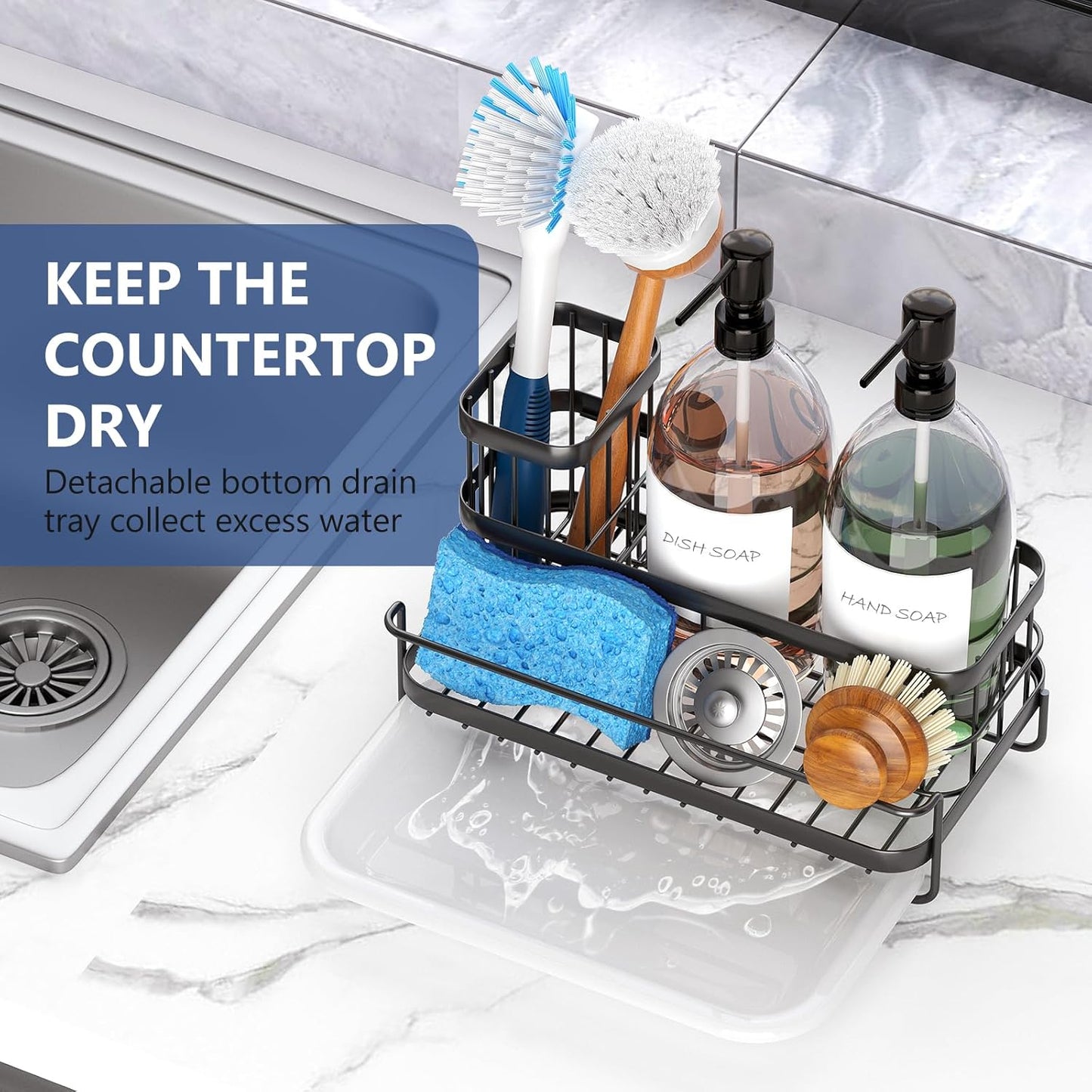 Trendy Sink Caddy Kitchen Organizer, Non-Slip Dish Soap Dispenser Rack with Drain Tray