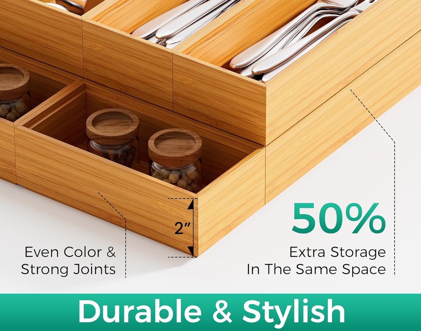 Bamboo Kitchen Drawer Organizer Boxes – 14" x 5" Stackable Wood Silverware Utensil Tray for Drawers, Cutlery & Flatware Storage – Wooden Organizers Set of 2 for Junk Drawer Bins, Bathroom, RV