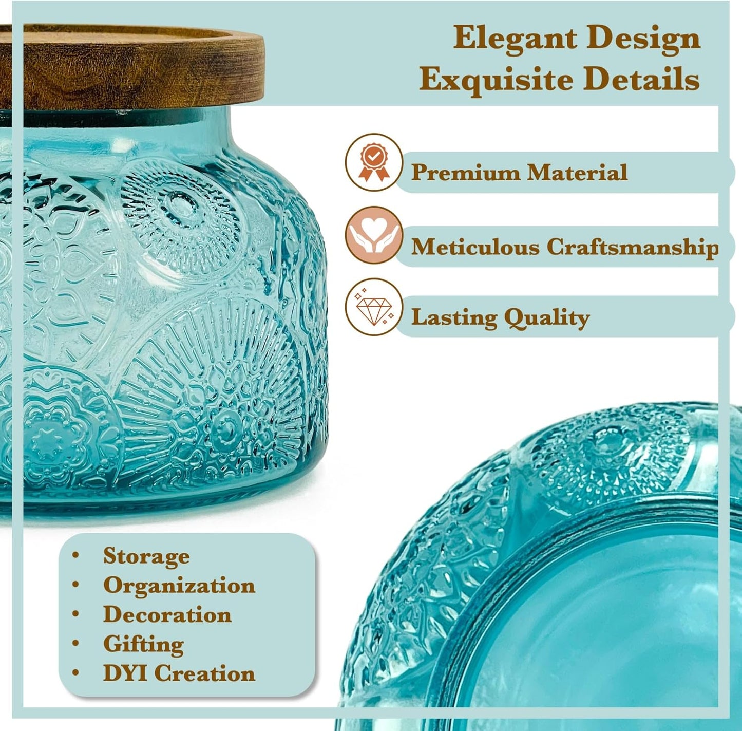 Decorative Blue Glass Storage Jar 25.4oz with Airtight Wood Lid Kitchen Canister for Coffee, Sugar