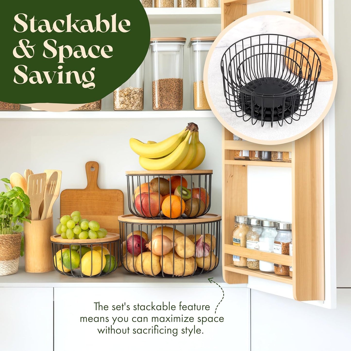 Fruit Basket for Kitchen Counter Set of 3 - Large Stackable Baskets with Bamboo Lid - Fruit Bowl