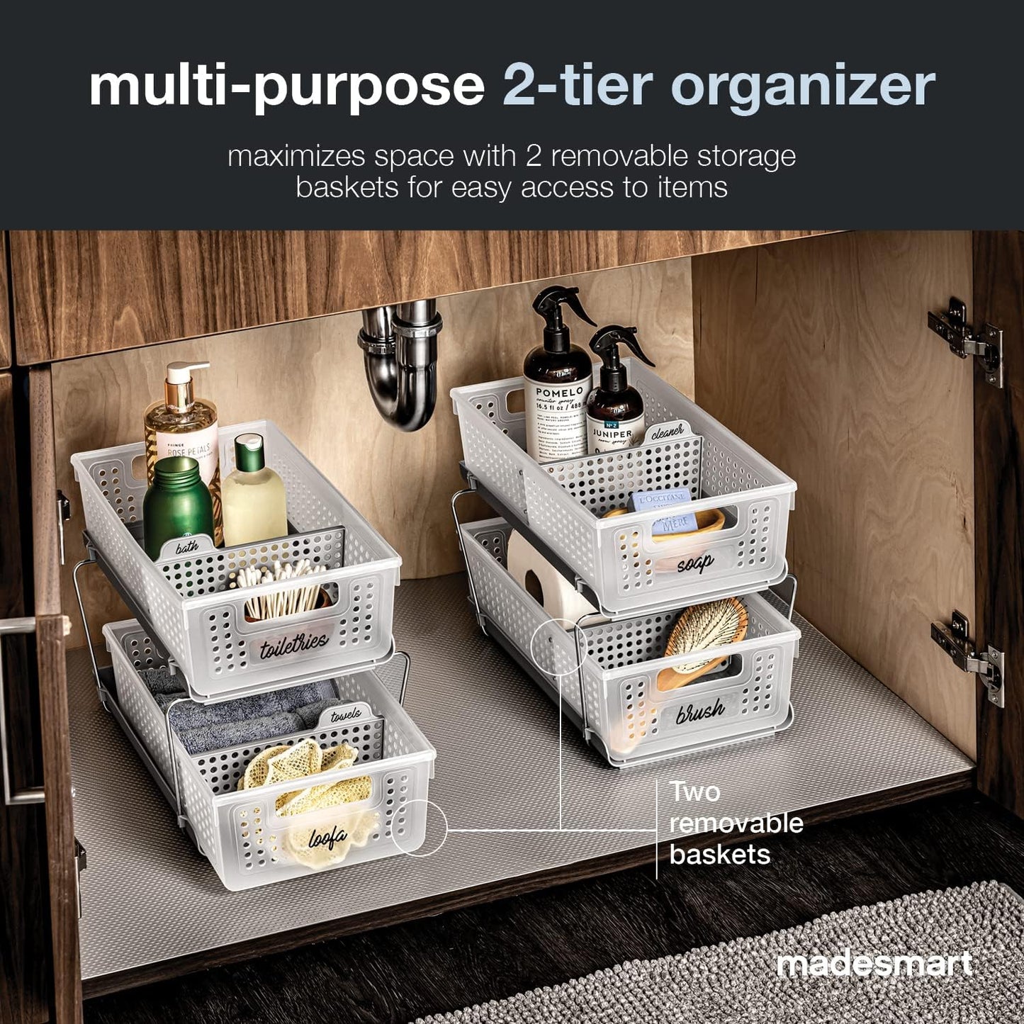 2 Tier Bath Organizer, Undersink Storage with Sliding Drawers, for Cleaning Supplies, Pantry