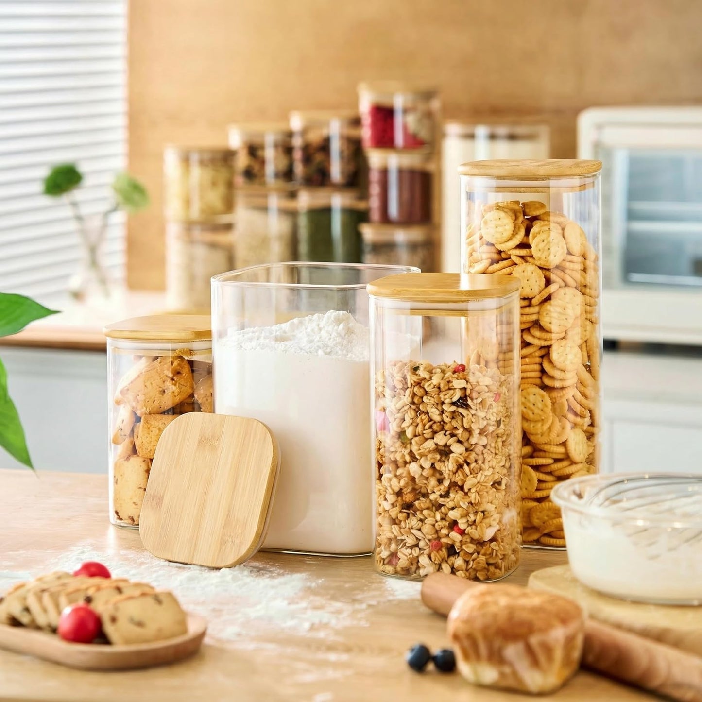 Extra Large Square Glass Flour & Sugar Storage Containers with Airtight Lids