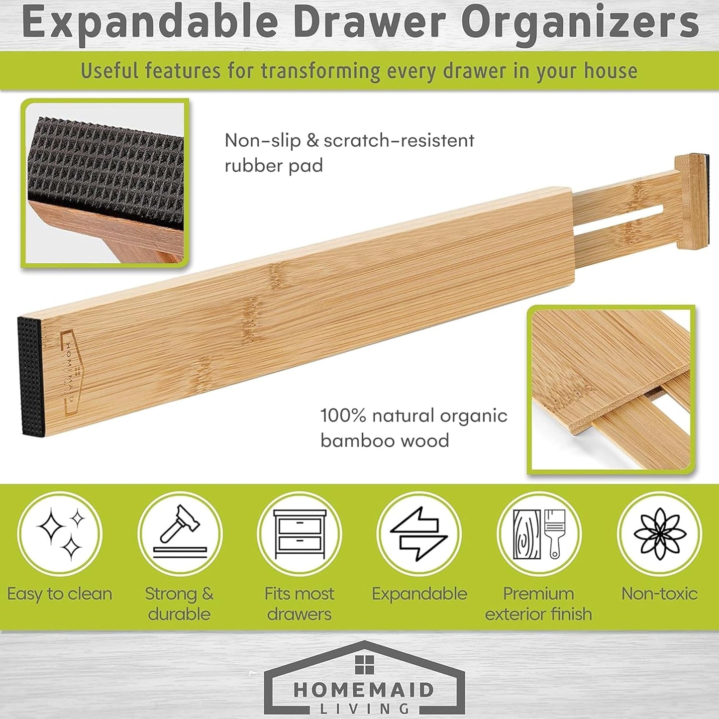 Bamboo Drawer Organizer Adjustable and Expandable - Ideal Drawer Dividers for Kitchen, Dresser