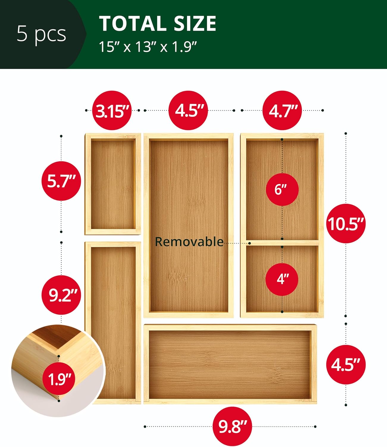 5-Piece Bamboo Drawer Organizer Set – Multi-Use Storage Trays for Kitchen, Bathroom, Office