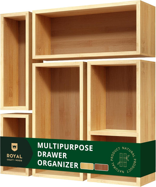 5-Piece Bamboo Drawer Organizer Set – Multi-Use Storage Trays for Kitchen, Bathroom, Office