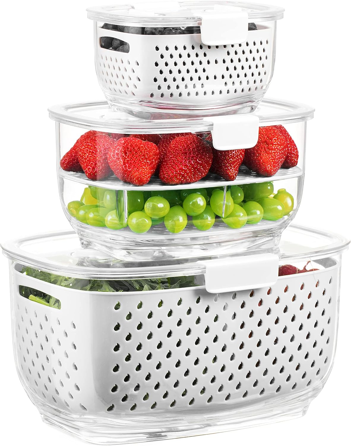 Fresh Produce Vegetable Fruit Storage Containers 3Piece Set, BPA-free, Partitioned Salad Container