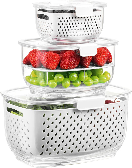 Fresh Produce Vegetable Fruit Storage Containers 3Piece Set, BPA-free, Partitioned Salad Container