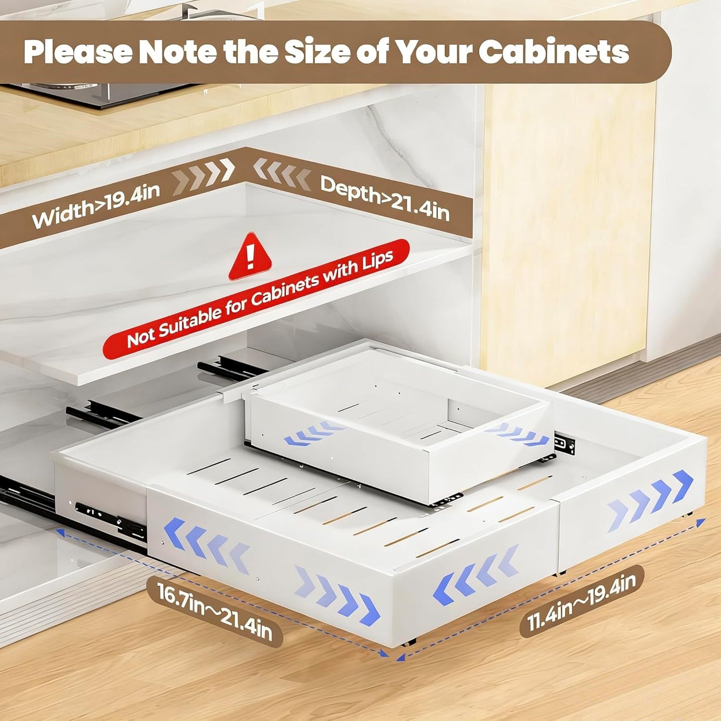 Pull Out Cabinet Organizer, Expandable Width (11.4"-19.4") and Depth (16.7"-21") With 3 Rails