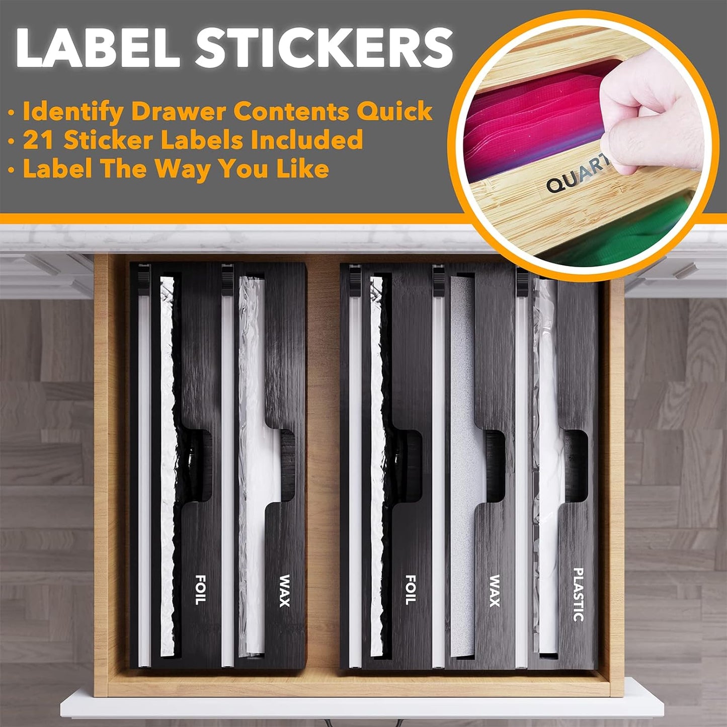 WrapNeat 3 in 1 Wrap Organizer with Cutter and Labels, Plastic Wrap