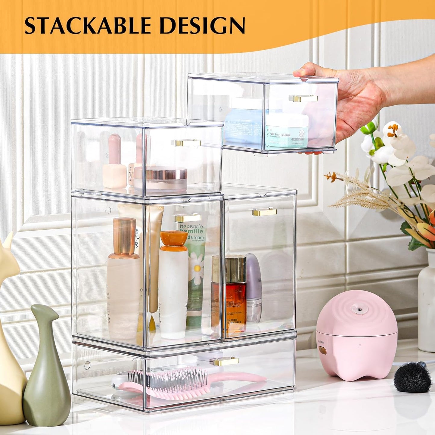 Set of 5 Stackable Storage Drawers, Clear Acrylic Organizer Bins for Beauty Supplies