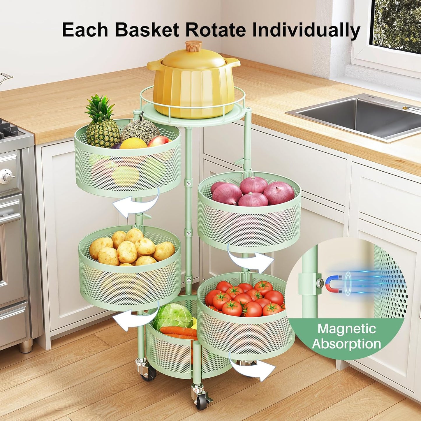 Fruit Vegetable Basket for Kitchen, Rotating Storage Rack, 5 Tier Rolling Cart with top lid