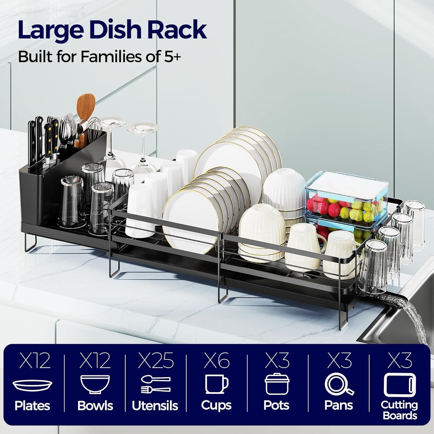 Large Dish Drying Rack, Expandable Dish Rack for Kitchen Counter