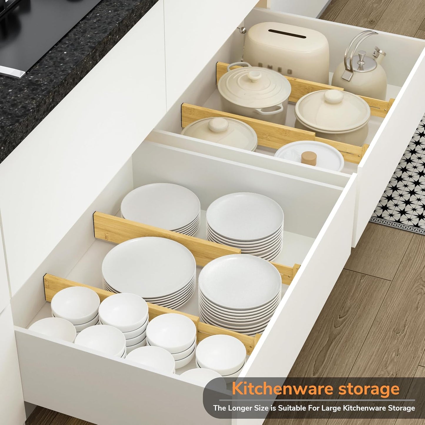3" H Large Bamboo Drawer Dividers Adjustable Drawer Organization Expandable Utensil Organizers for Kitchen Dresser Bathroom Bedroom and Office 4-pack