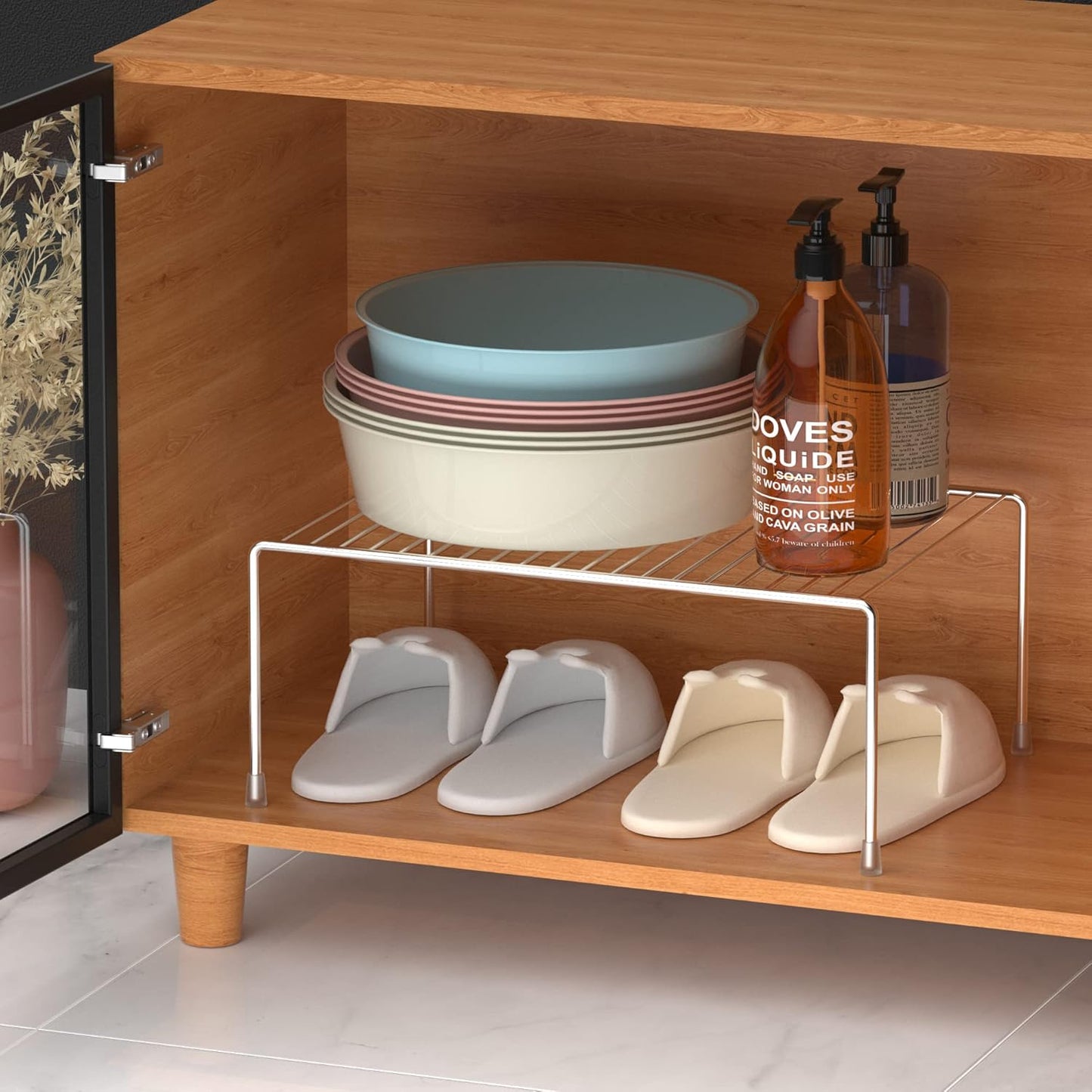 Kitchen Cabinet Storage Shelf Rack, Set of 2 Large (15.7 x 9.4 Inch) Rustproof Metal Wire Shelves Spice Shelf Rack Cupboard Organizer for Pantries Countertops Utensils Organization, Chrome