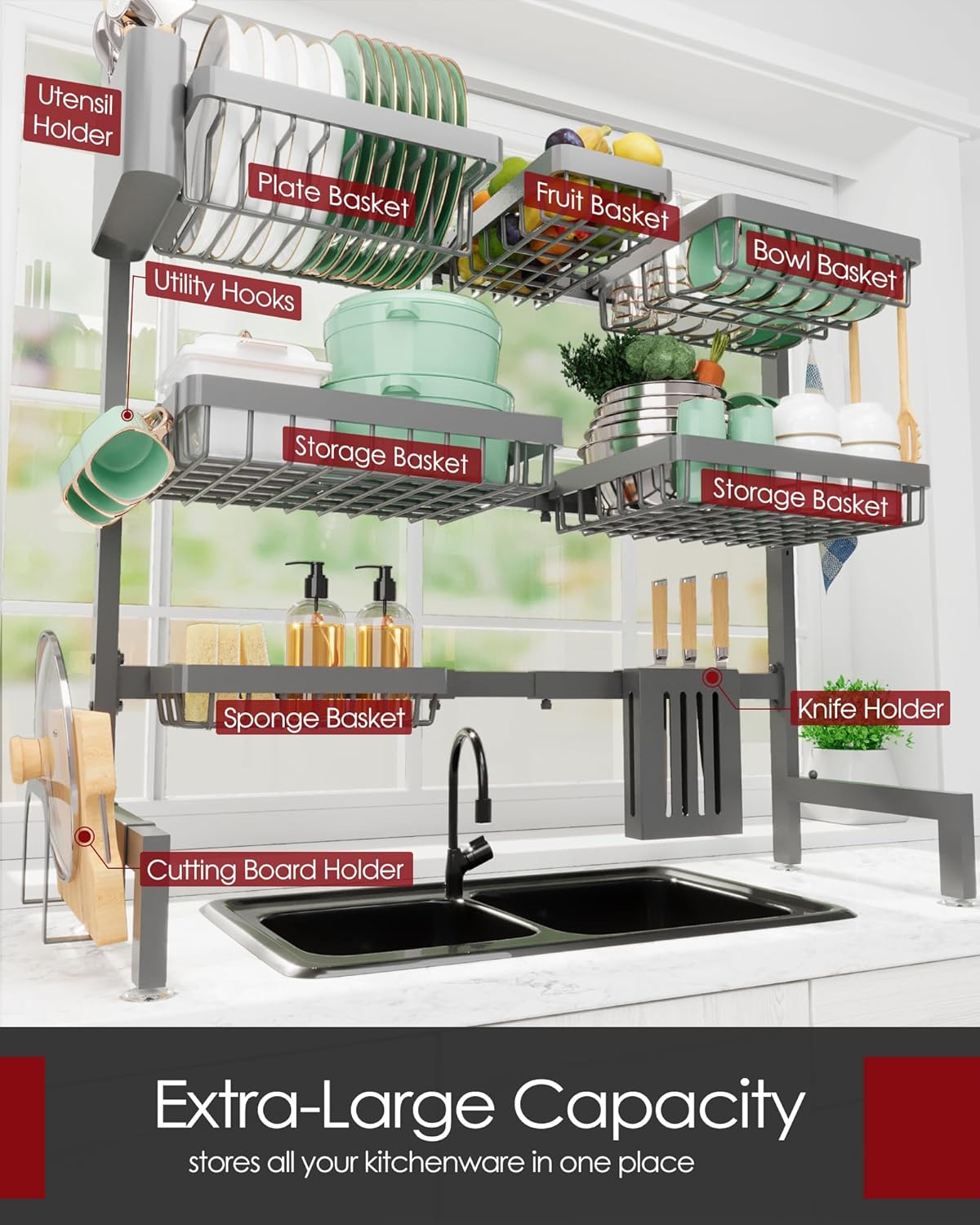 Dish Drying Rack - Over The Sink Dish Drainer Drying Rack with Utensil & Knife Holder, Hooks