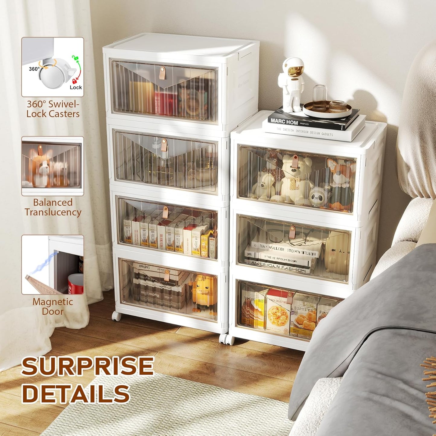 4 Tier Storage Bins with Lids, 23QT Stackable Closet Organizers and Storage with Wheels