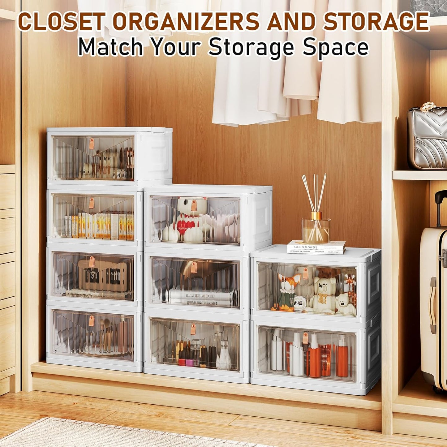 4 Tier Storage Bins with Lids, 23QT Stackable Closet Organizers and Storage with Wheels