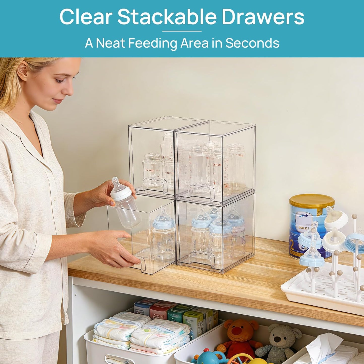 7.6" H Clear Stackable Storage Drawers, 4 Pack Plastic Organizers Bins for Skincare