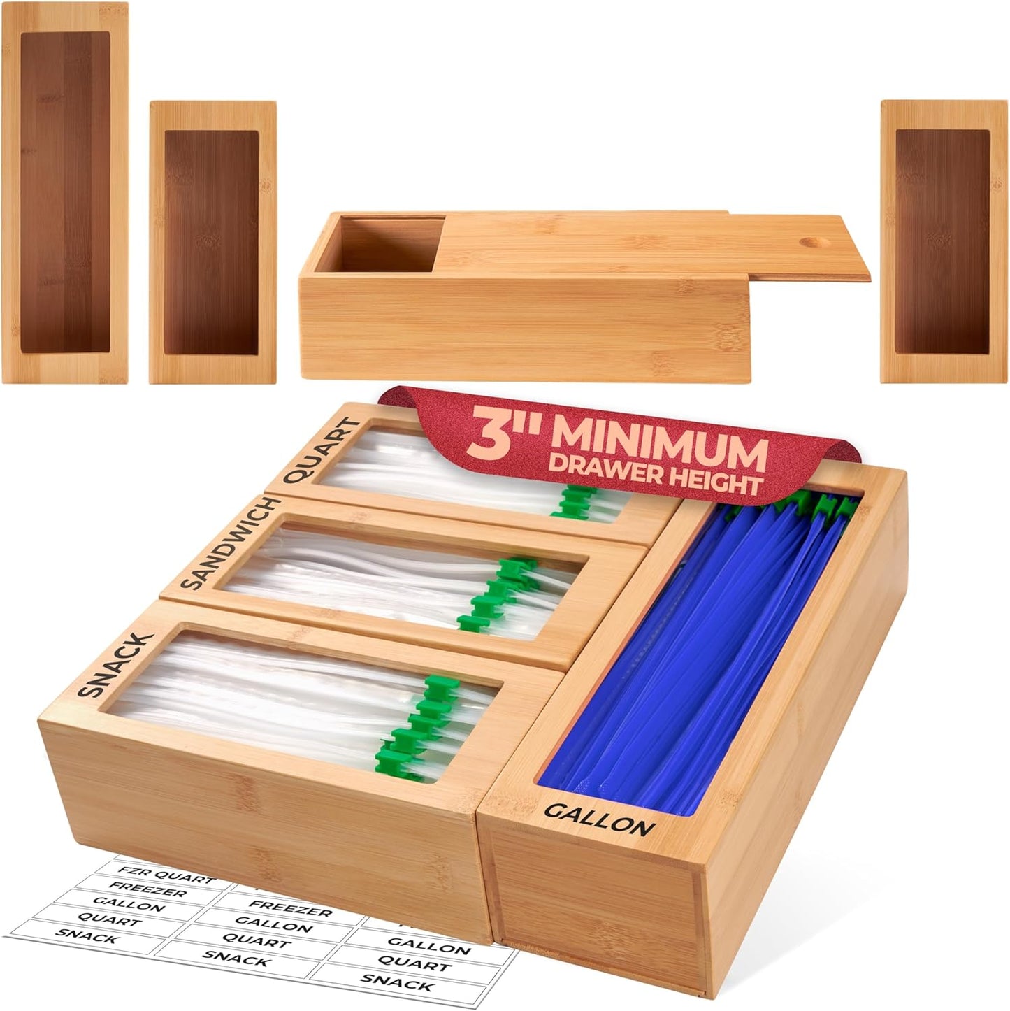 Storage Bag Organizer, Bamboo Baggie Organizer for Drawer