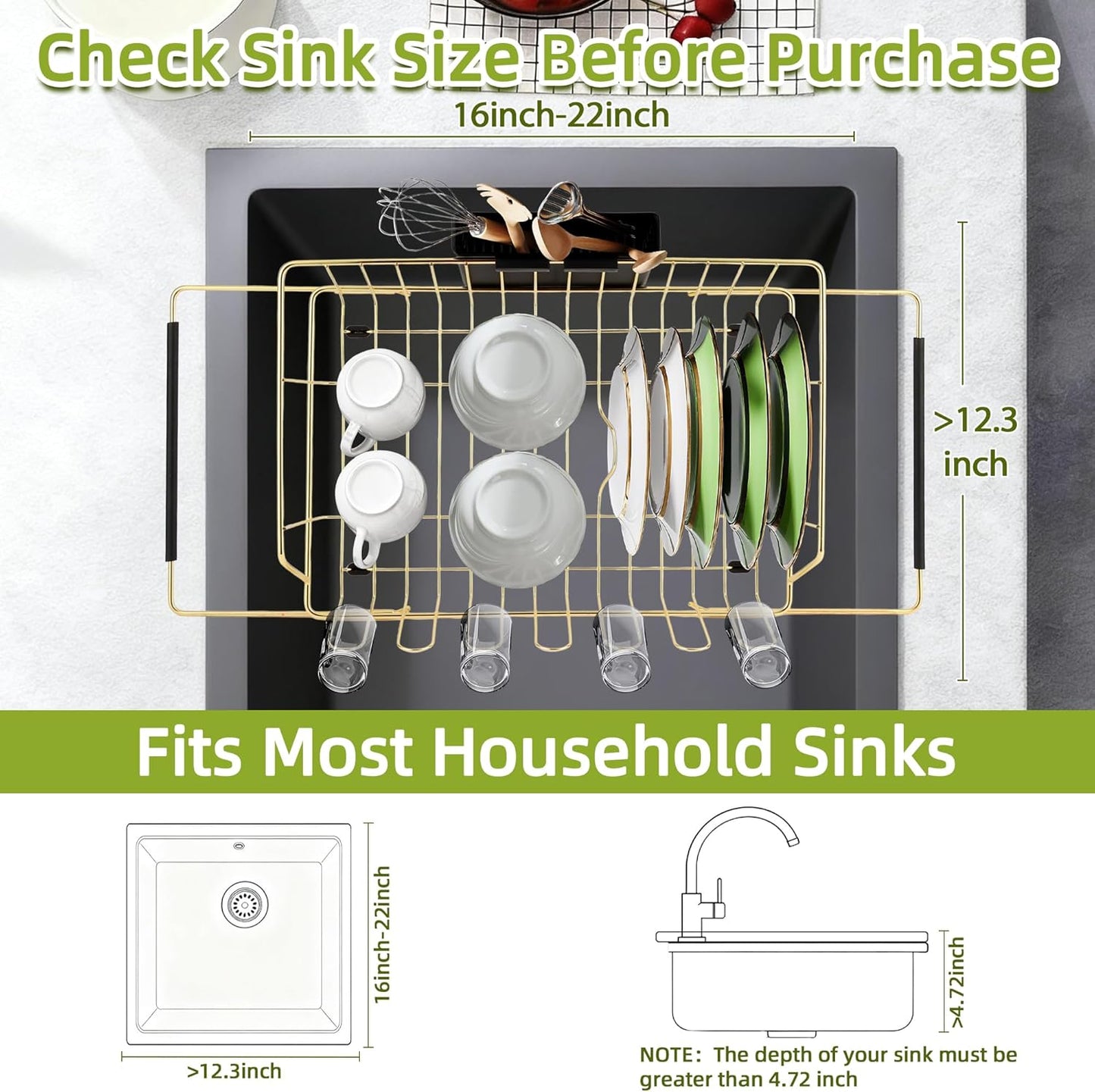 Golden Expandable Dish Drying Rack-Extra Large Stainless Steel Dish Drainer Over The Sink for Kitchen Countertop with Utensil Holder, Applicable for Sink Width 16'-22' (Gold,23.2'*12.2')