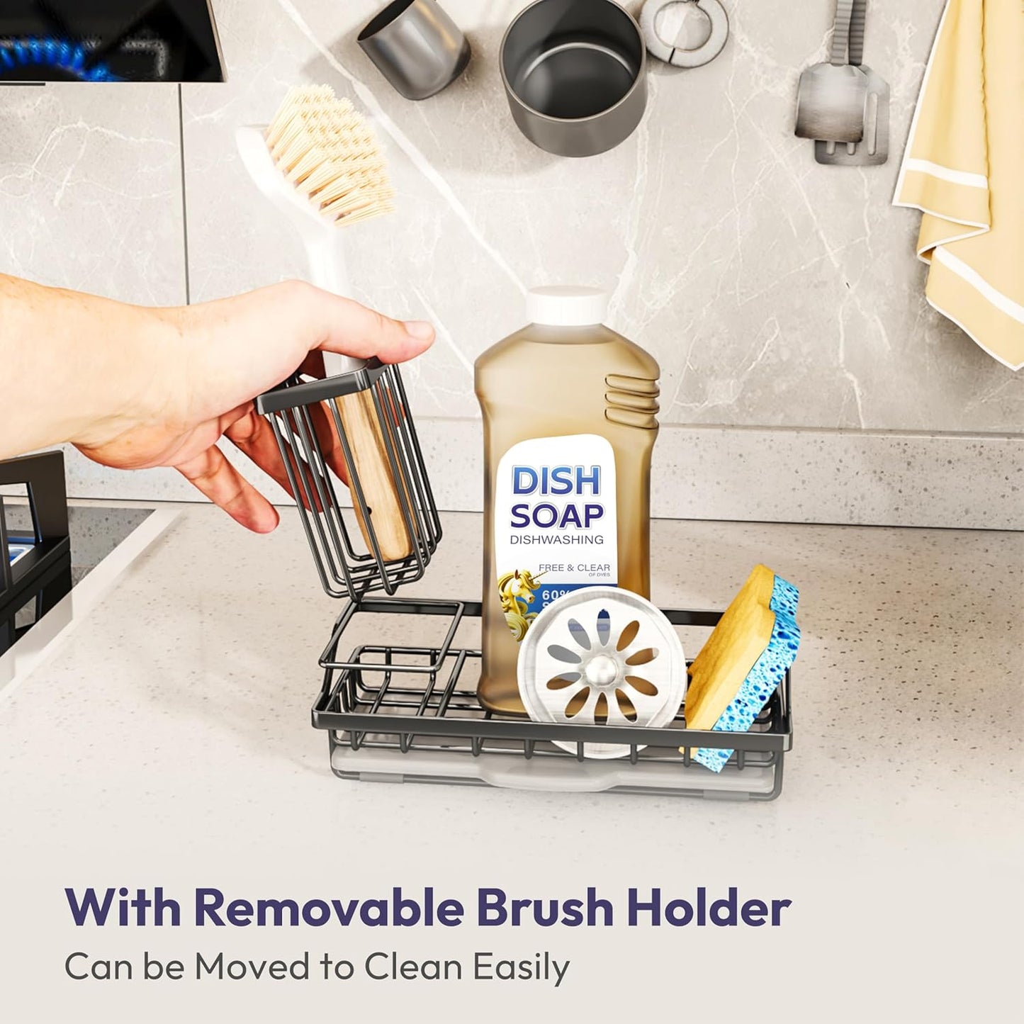Sink Caddy Sponge Holder - Kitchen Sink Organizer with High Brush Holder for Countertop to Hold Dish Soaps and Sponges, Stainless Steel, Black