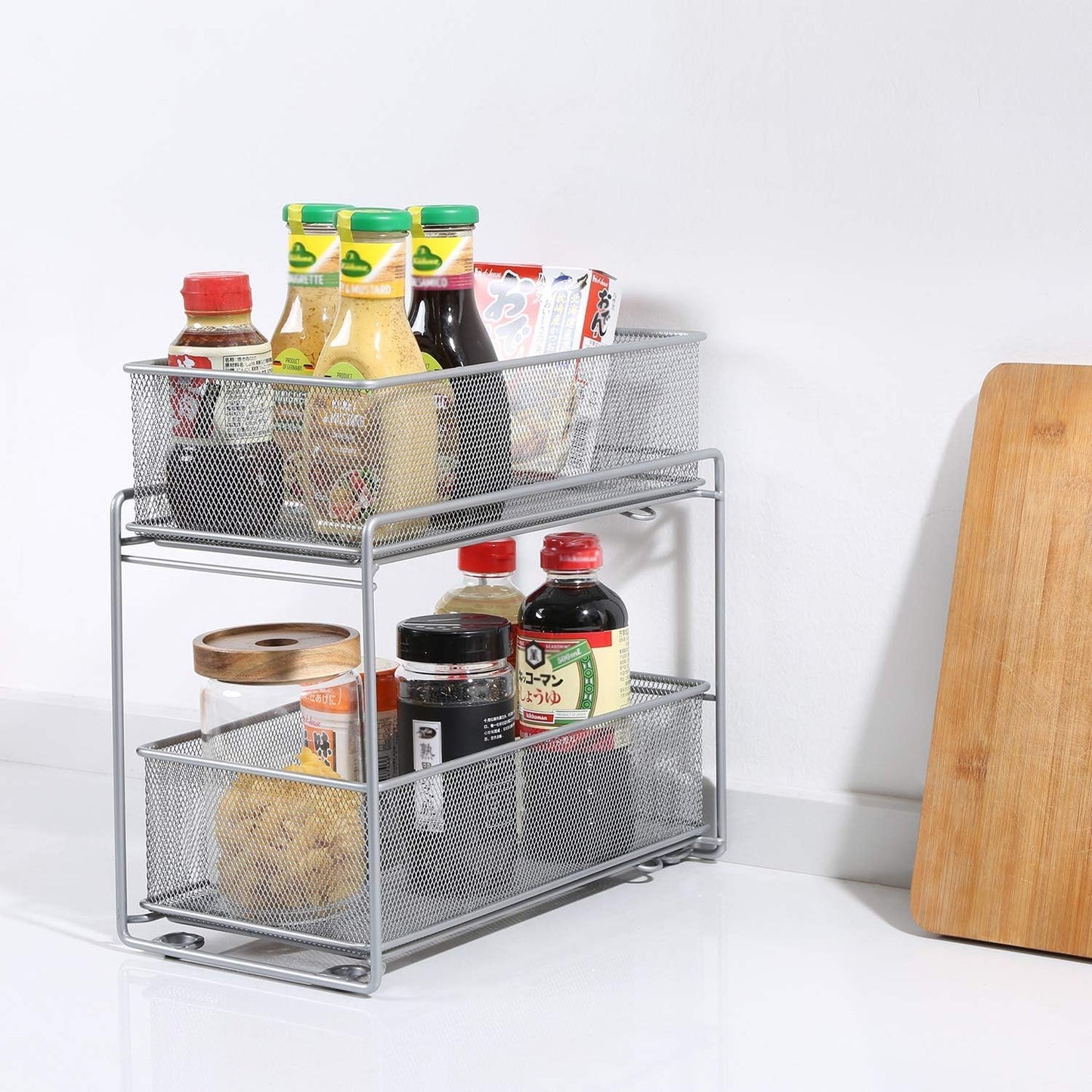 2 Tier Sliding Basket Stackable Cabinet Pull-Out Drawer Mesh Organizer for Kitchen Under Sink Storage (Silver)