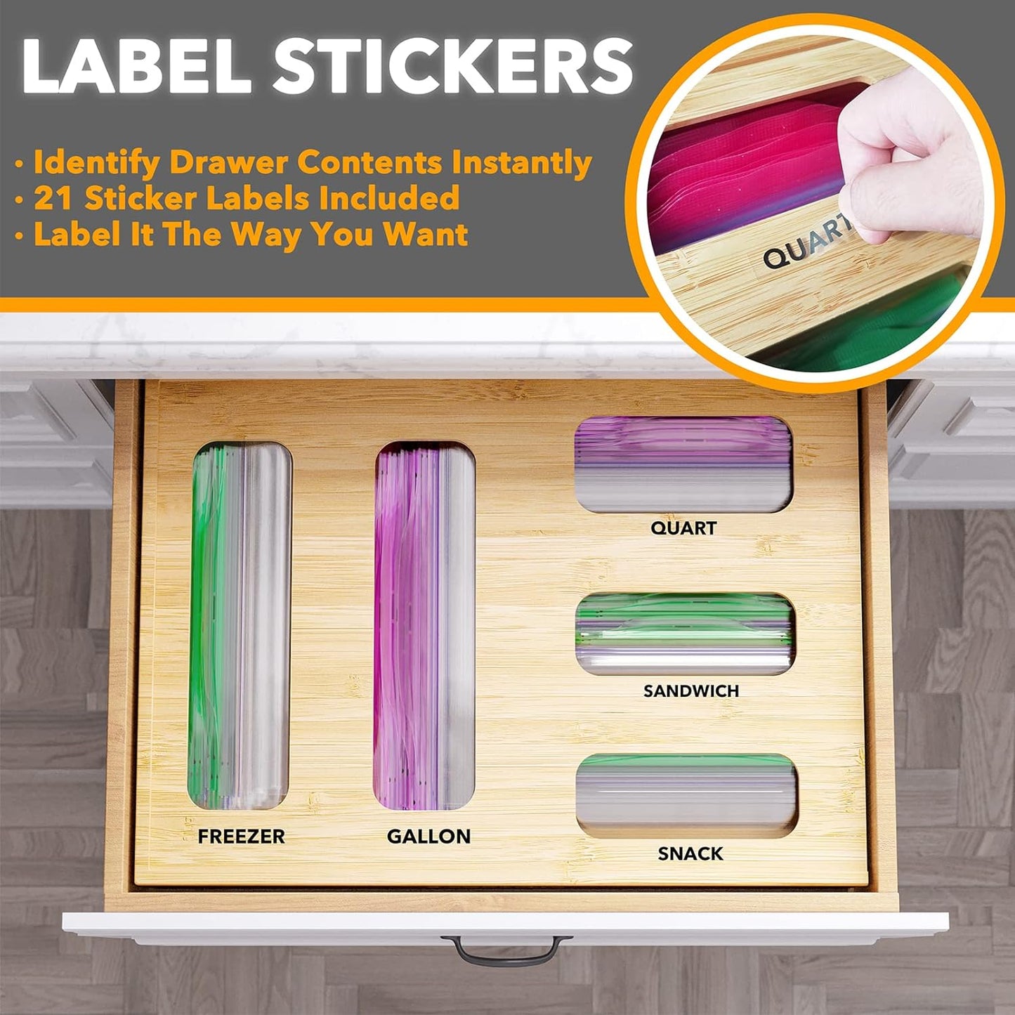Bag Storage Organizer for Kitchen Drawer, Bamboo Organizer, Compatible with Gallon, Quart