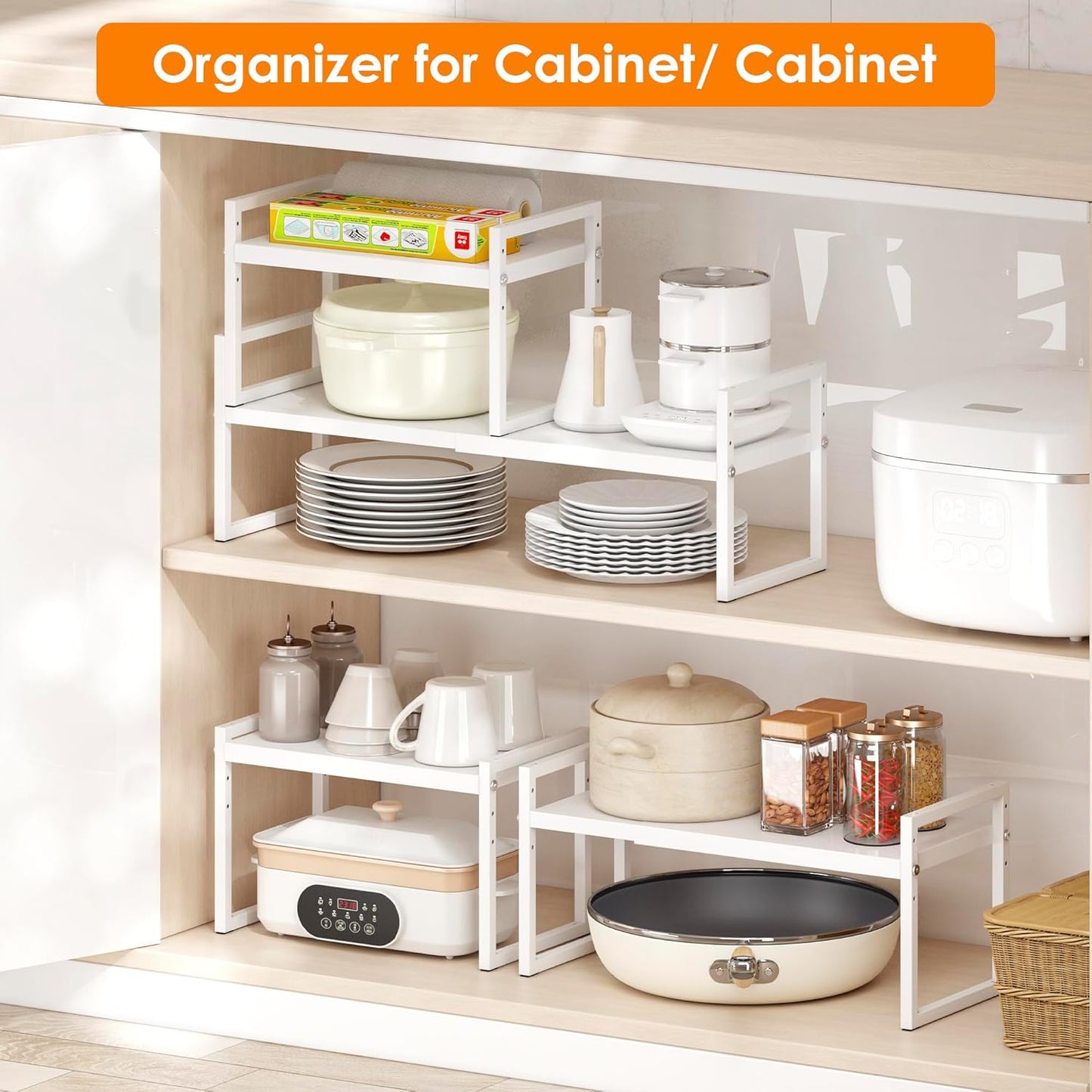 Expandable Kitchen Countertop Organizer, Stackable Cabinet Shelf Organizers