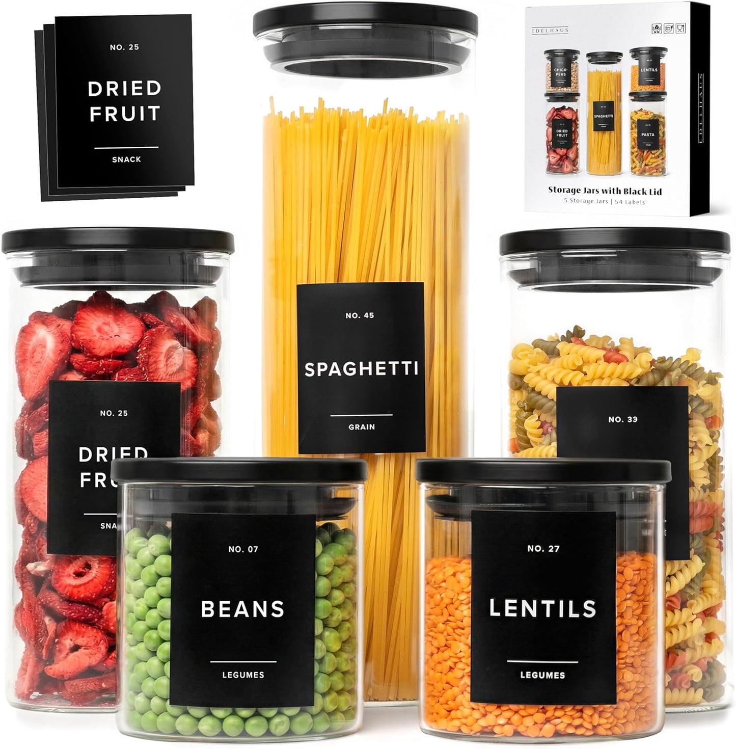 Glass Storage Containers with Black Lids [Extra Thick Glas] with 54 Labels