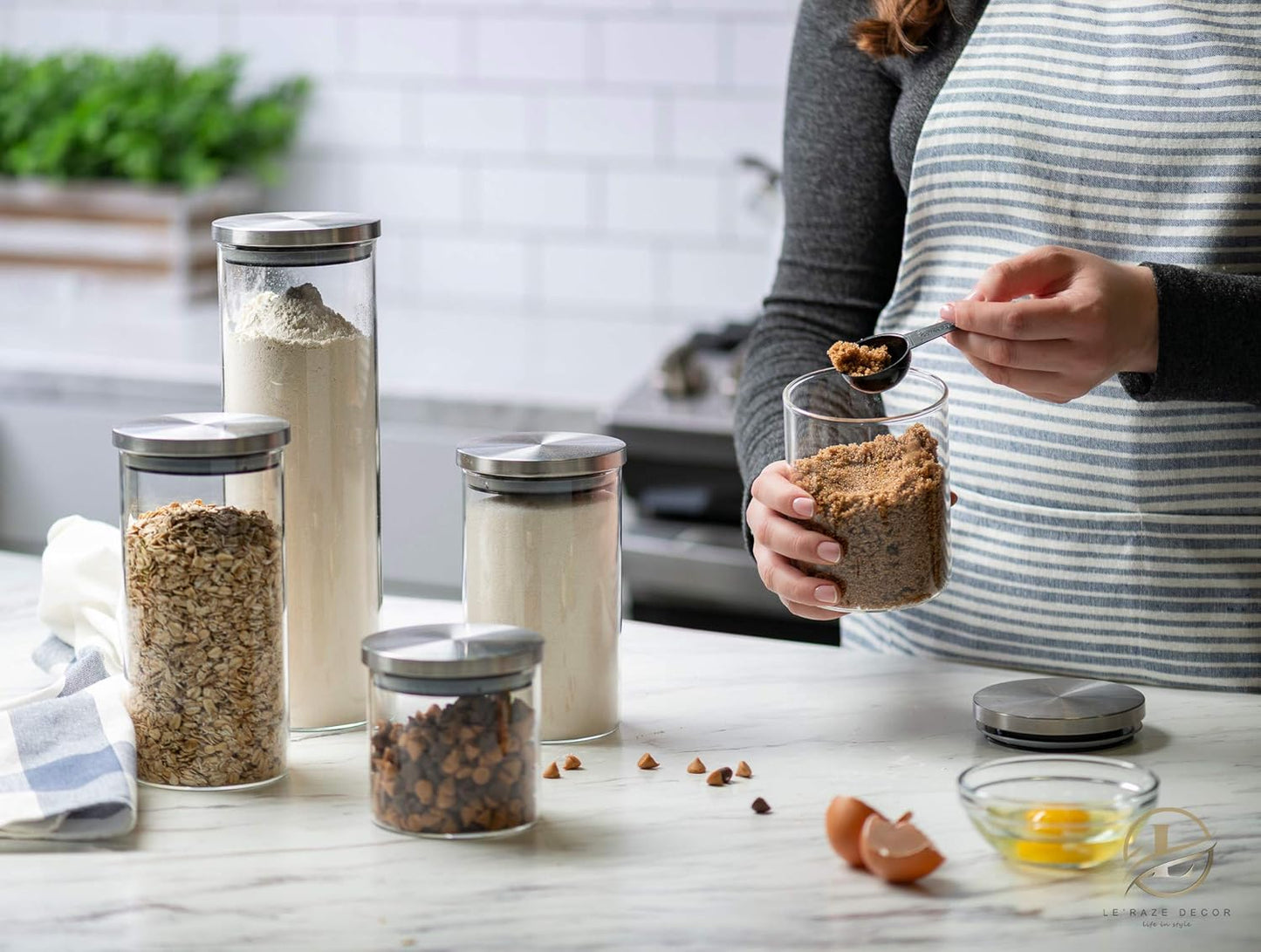 Set of 5 Glass Kitchen Canisters with Airtight Stainless-Steel Lid - Dishwasher Safe