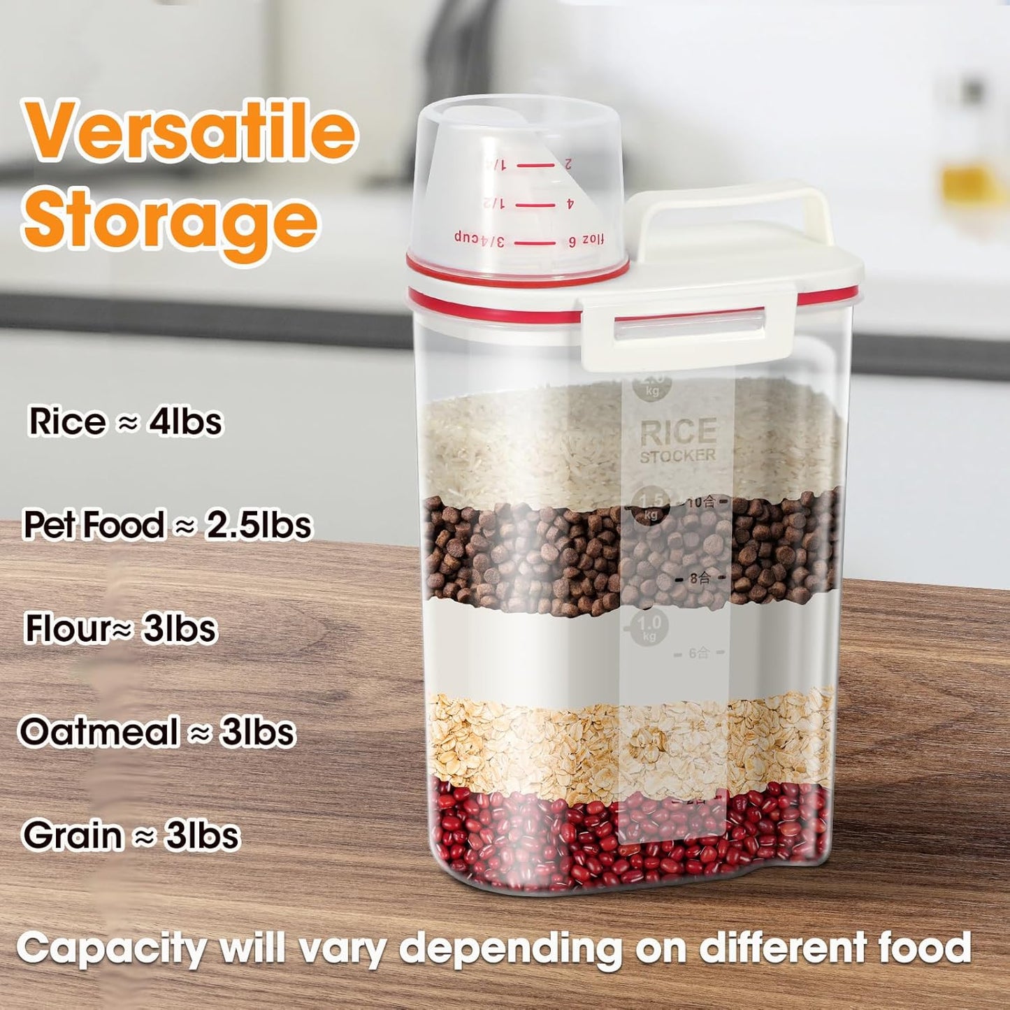 Rice Storage Container, Airtight Cereal Container Dispenser with Pourable Spout + Measuring Cup