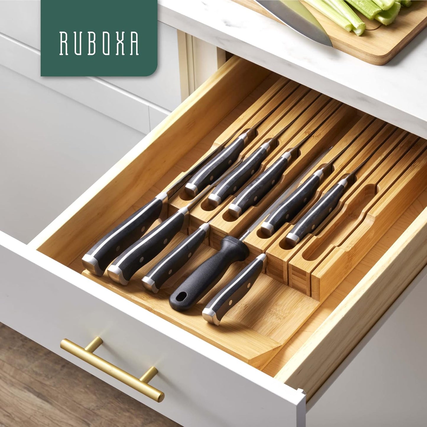 High-Grade 100% Bamboo Knife Drawer Organizer - 12 Slots Plus Sharpener, Secure, Practical