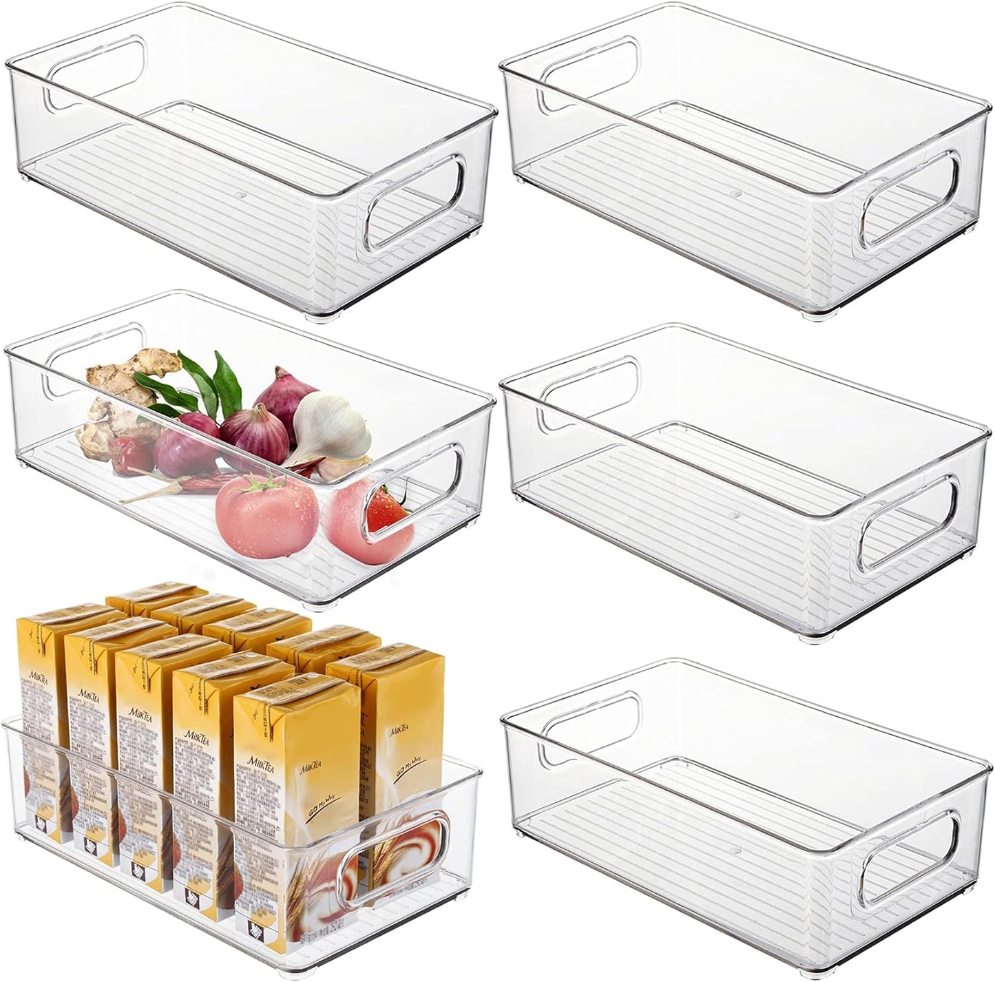 6 Pack Plastic Storage Bins for Pantry, Refrigerator, Countertop, Cabinet Organization
