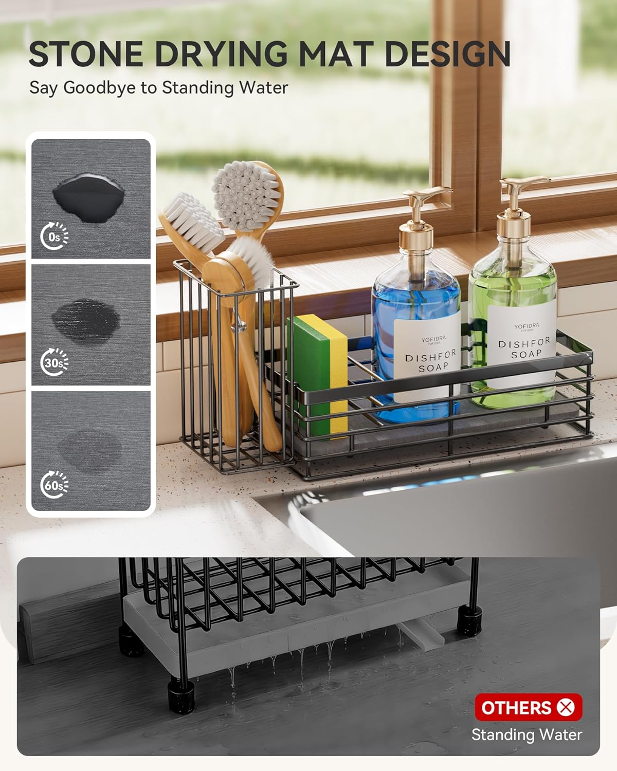 Sponge Holder for Kitchen Organizer: Sink Caddy with Instant Drying Stone, Metal Stainless Steel