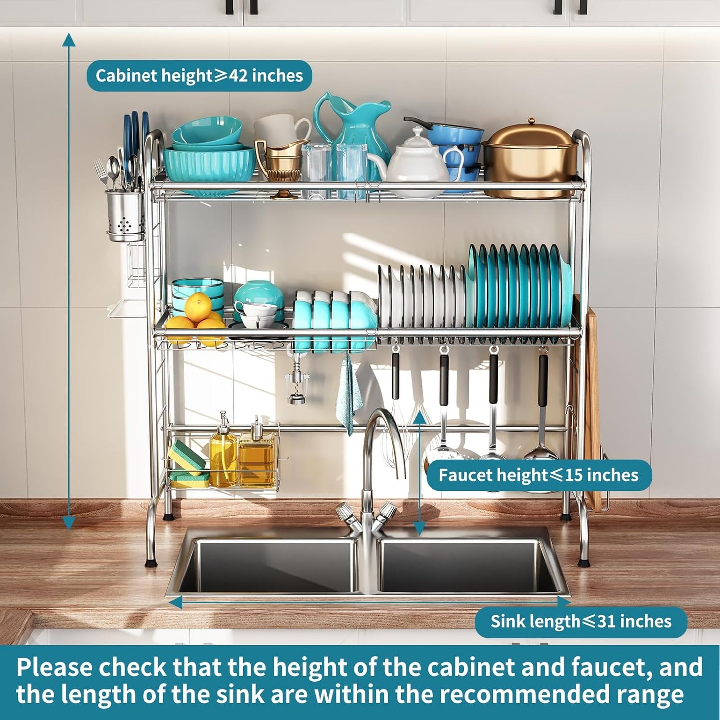 Stainless Steel 2-Tier Over The Sink Dish Drying Rack with Utensil Holder, Large