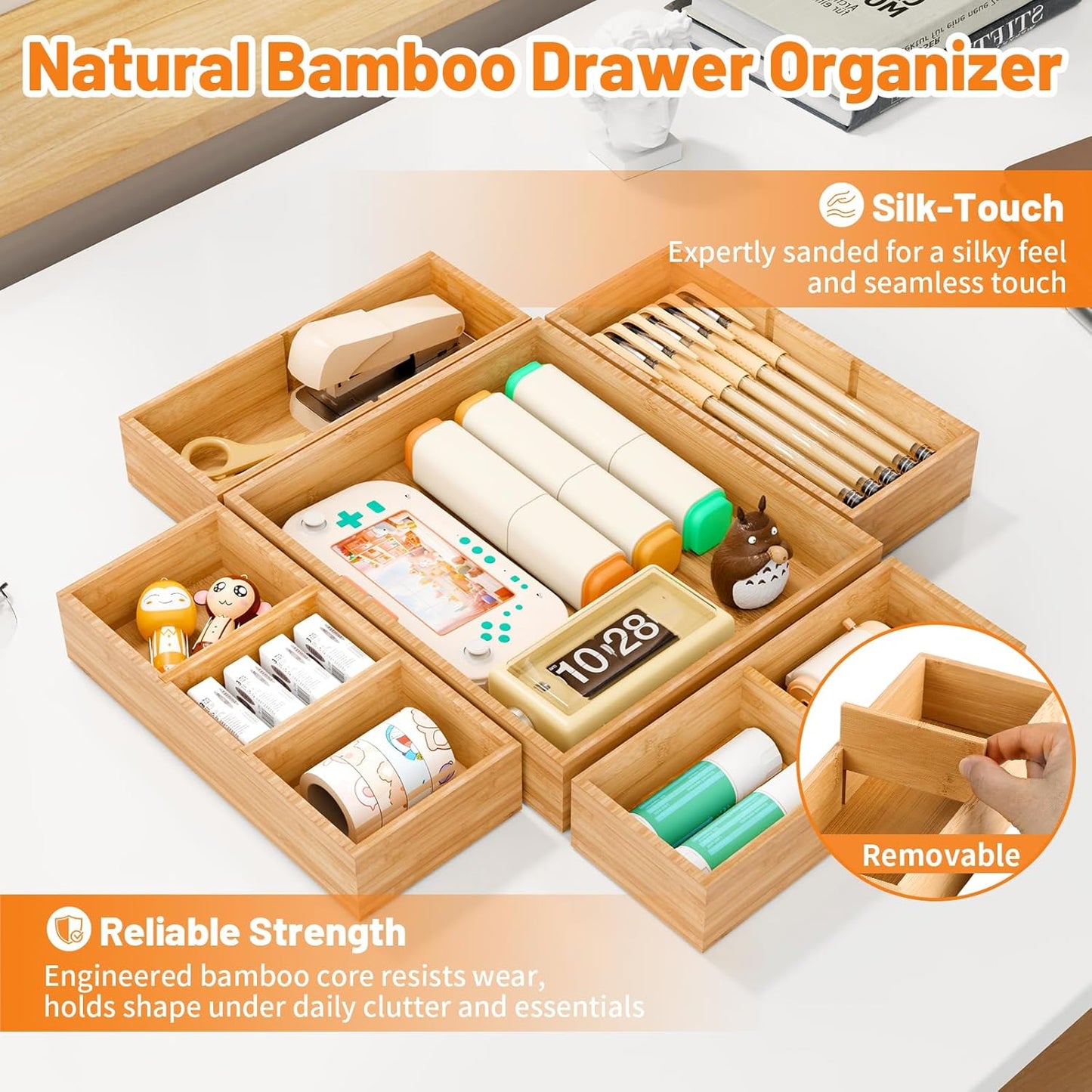 Bamboo Drawer Organizer, 5-Piece Drawer Divider with Removable Dividers for Organization and Storage, Multi-Use Stackable Storage Box & Utensil Holder for Kitchen, Office, Makeup & More