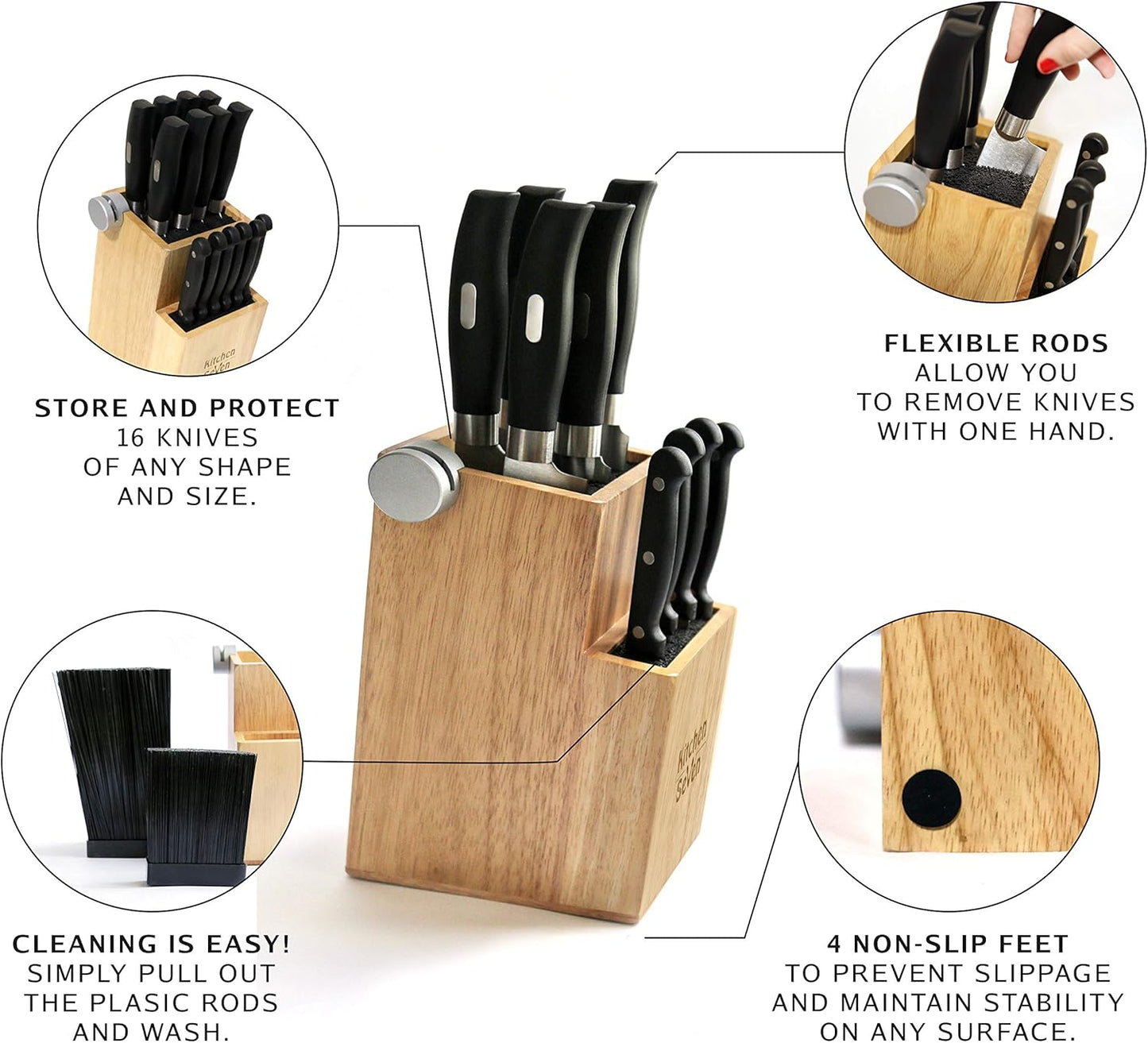 Bamboo Universal Knife Block - Knife Holder with 2 Built-In Knife Sharpeners