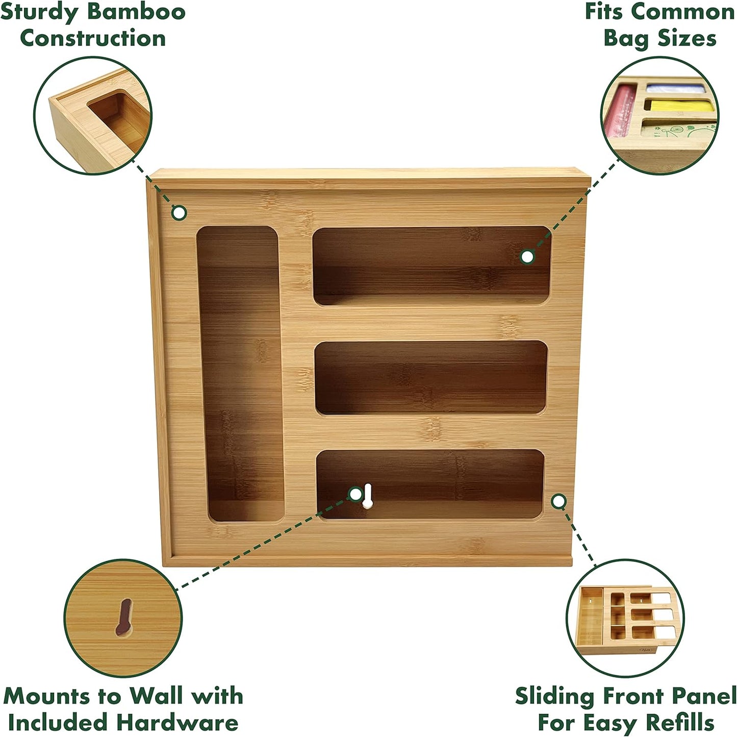 Bamboo Zip Storage Bag Organizer for Kitchen Drawer and Wall Mount | Solid Bamboo Food Storage Bag Holder | Plastic Bag Organizer for Sandwich and Snack Storage